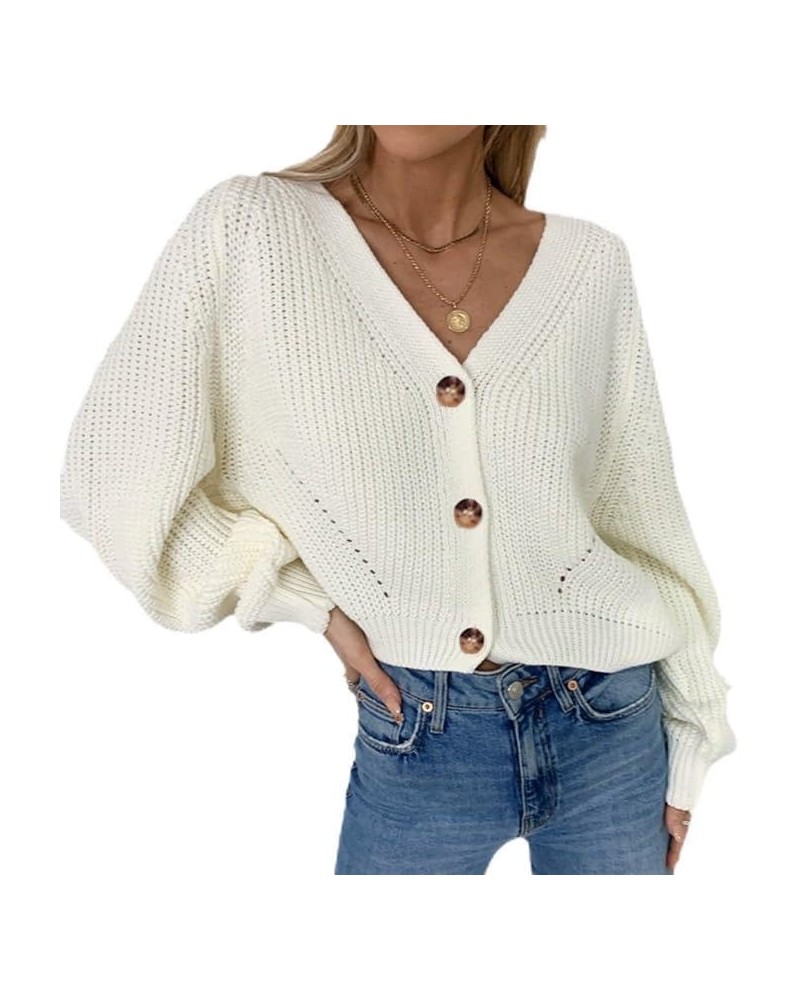 Women's Solid Color Deep V-Neck Lantern Sleeve Knit Sweater White $14.85 Sweaters