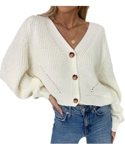 Women's Solid Color Deep V-Neck Lantern Sleeve Knit Sweater White $14.85 Sweaters