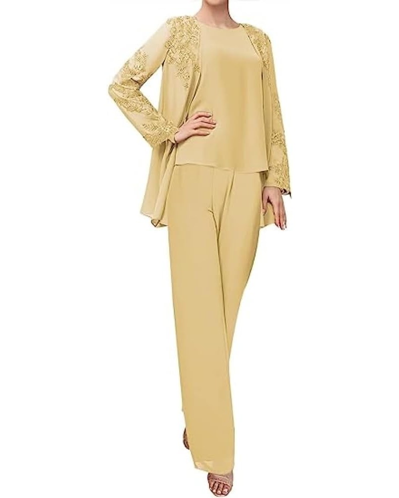 3 Piece Women Pants Sets Chiffon Mother of The Bride Pantsuits for Wedding Party Work Office Gold $37.79 Suits