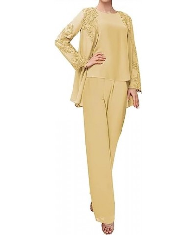 3 Piece Women Pants Sets Chiffon Mother of The Bride Pantsuits for Wedding Party Work Office Gold $37.79 Suits