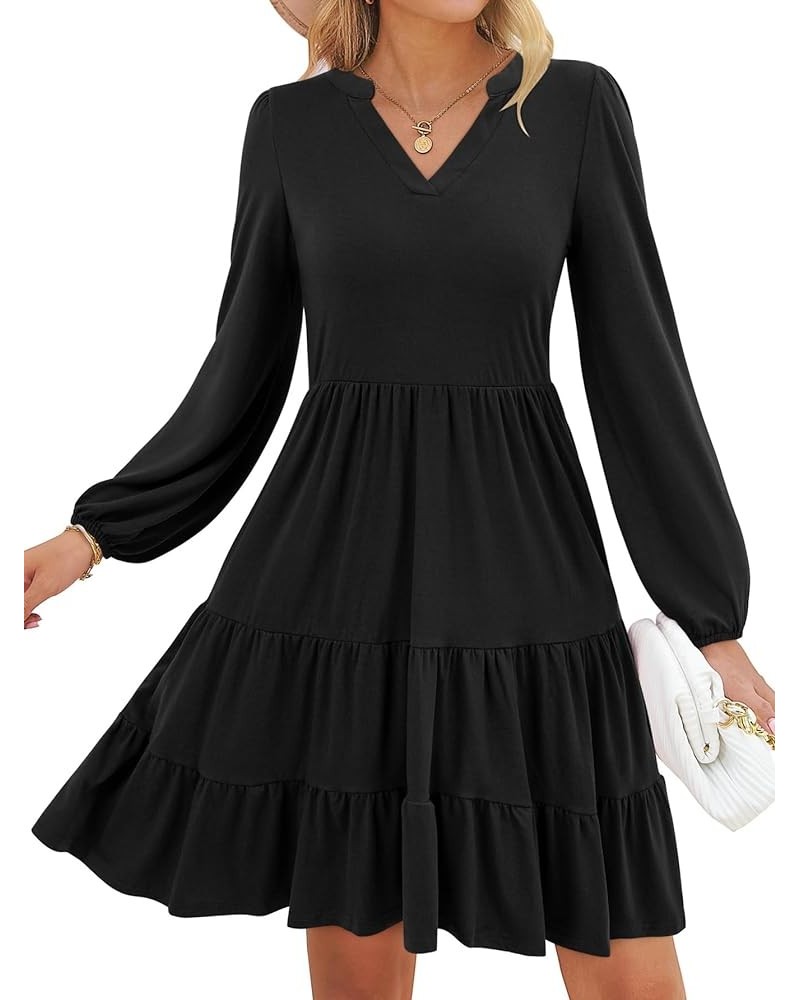 Women's 2023 Casual Fall Dress Long Sleeve V Neck Knee Length Flowy Tiered Cute Babydoll Dresses with Pockets Black $25.19 Dr...