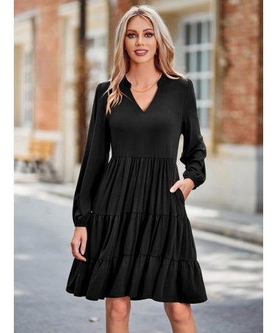 Women's 2023 Casual Fall Dress Long Sleeve V Neck Knee Length Flowy Tiered Cute Babydoll Dresses with Pockets Black $25.19 Dr...