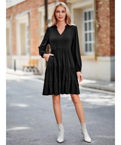 Women's 2023 Casual Fall Dress Long Sleeve V Neck Knee Length Flowy Tiered Cute Babydoll Dresses with Pockets Black $25.19 Dr...