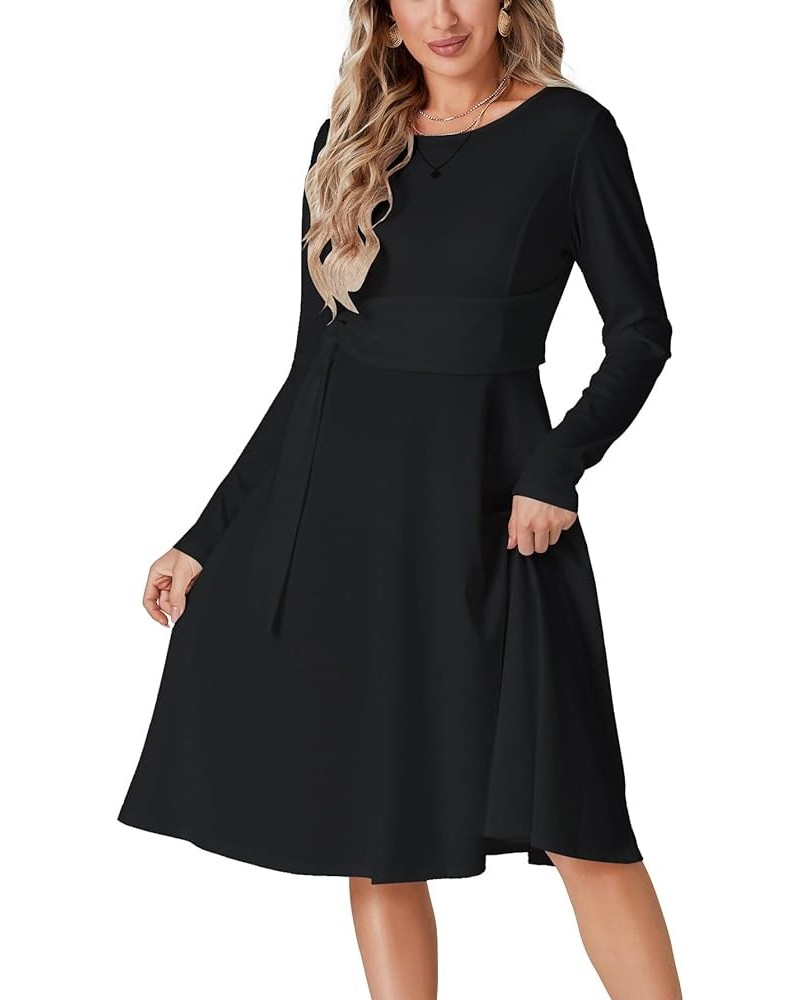 Women's Tie Front Waist Crew Neck Long Sleeve Pleated A Line Flared Midi Dress Black $18.45 Dresses