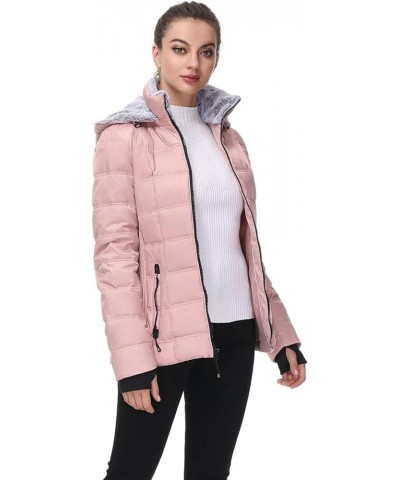 Women Down Puffer Jacket with Hood Hooded Winter Down Puffer Coat for Women with Faux-Fur Hood & Collar Pink $34.86 Jackets