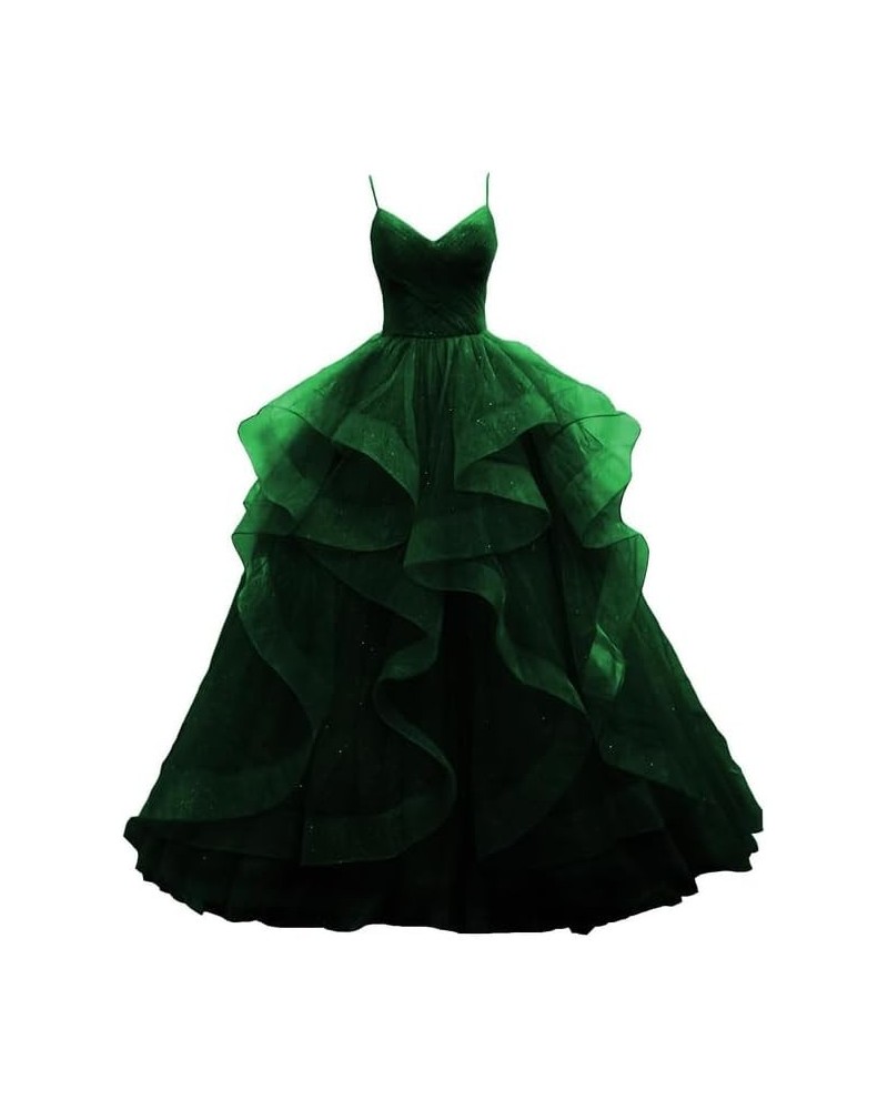 Prom-Dresses-Long-Ball-Gown Tulle Glitter Spaghetti Straps Tiered Puffy Evening Gowns Emerald Green $37.96 Dresses