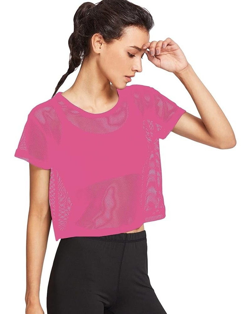 Women's Sexy Sheer Mesh Fishnet Net Short Sleeve T-Shirt Crop Top Hot Pink $11.00 Others