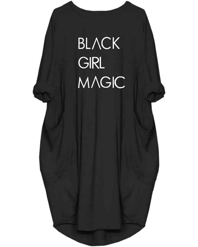 Women Black Girl Magic Long Sleeve Casual Tunic Dress with Pocket Black $12.42 Dresses