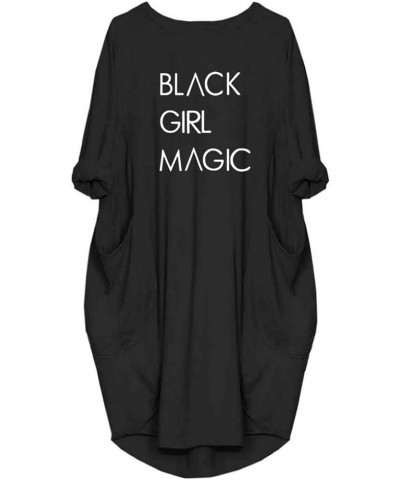 Women Black Girl Magic Long Sleeve Casual Tunic Dress with Pocket Black $12.42 Dresses