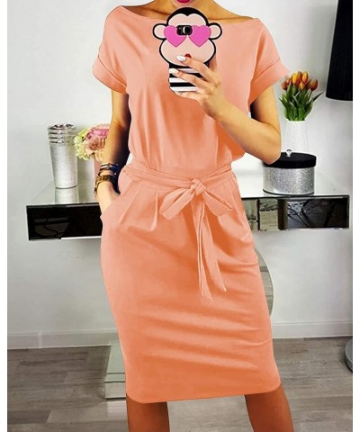 Women's Summer Short Sleeve Crewneck Striped Dress Basic Solid Tie Waist Office T Shirt Dresses Pockets Orange Red $17.71 Dre...