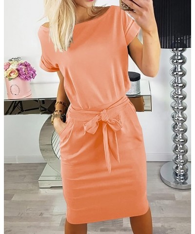 Women's Summer Short Sleeve Crewneck Striped Dress Basic Solid Tie Waist Office T Shirt Dresses Pockets Orange Red $17.71 Dre...