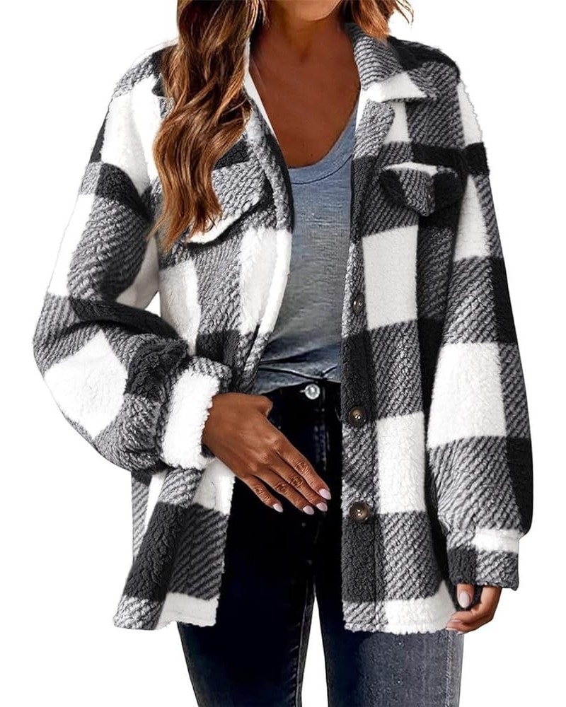 Womens Plaid Shacket Jacket Fall Winter Fleece Lined Button Down Pea Coats Lapel Casual Loose Y2K Shirt Jackets 2023 01-black...