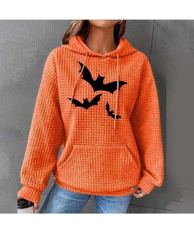 Waffle Hoodie for Women,Halloween Bat Casual Pullover Sweatshirts Drawstring Hooded Basic Sweatshirt Fall 2023 1-orange $10.2...