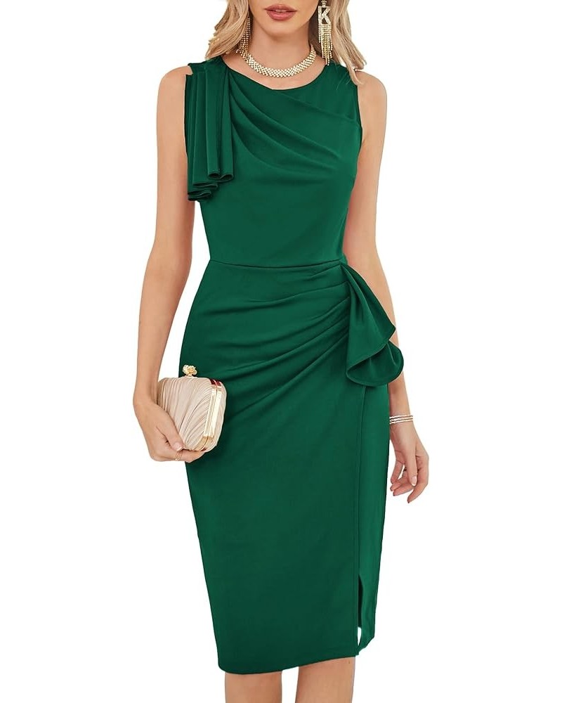 Women's Ruffle Sleeveless Ruched Bodycon Dress 2023 Summer Slit Split Midi Cocktail Party Formal Dresses Dark Green $16.72 Dr...