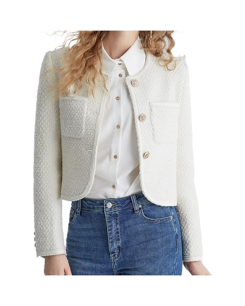 Women's Long Sleeve Cropped Tweed Jacket with Pocket Elegant Slim Fit Work Office Business Short Tweed Blazer White $45.11 Bl...