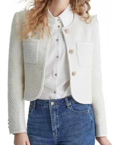 Women's Long Sleeve Cropped Tweed Jacket with Pocket Elegant Slim Fit Work Office Business Short Tweed Blazer White $45.11 Bl...