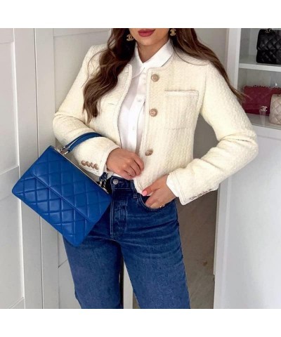 Women's Long Sleeve Cropped Tweed Jacket with Pocket Elegant Slim Fit Work Office Business Short Tweed Blazer White $45.11 Bl...