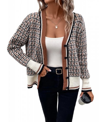 Women's Plaid V Neck Button Down Color Block Casual Loose Cardigan Sweater Multicolor Large $11.99 Sweaters