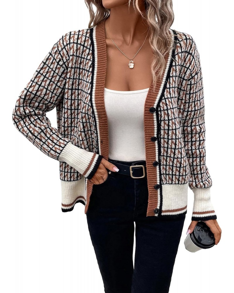 Women's Plaid V Neck Button Down Color Block Casual Loose Cardigan Sweater Multicolor Large $11.99 Sweaters