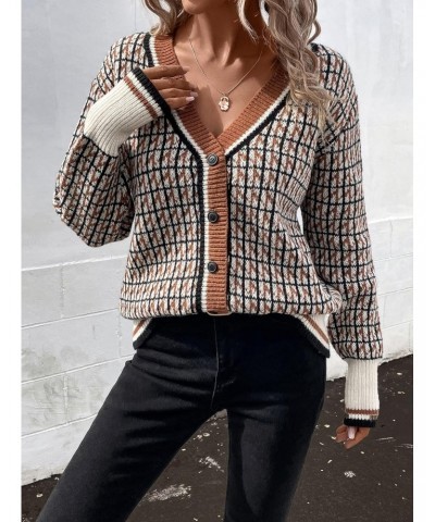 Women's Plaid V Neck Button Down Color Block Casual Loose Cardigan Sweater Multicolor Large $11.99 Sweaters