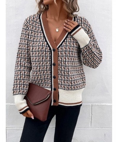 Women's Plaid V Neck Button Down Color Block Casual Loose Cardigan Sweater Multicolor Large $11.99 Sweaters