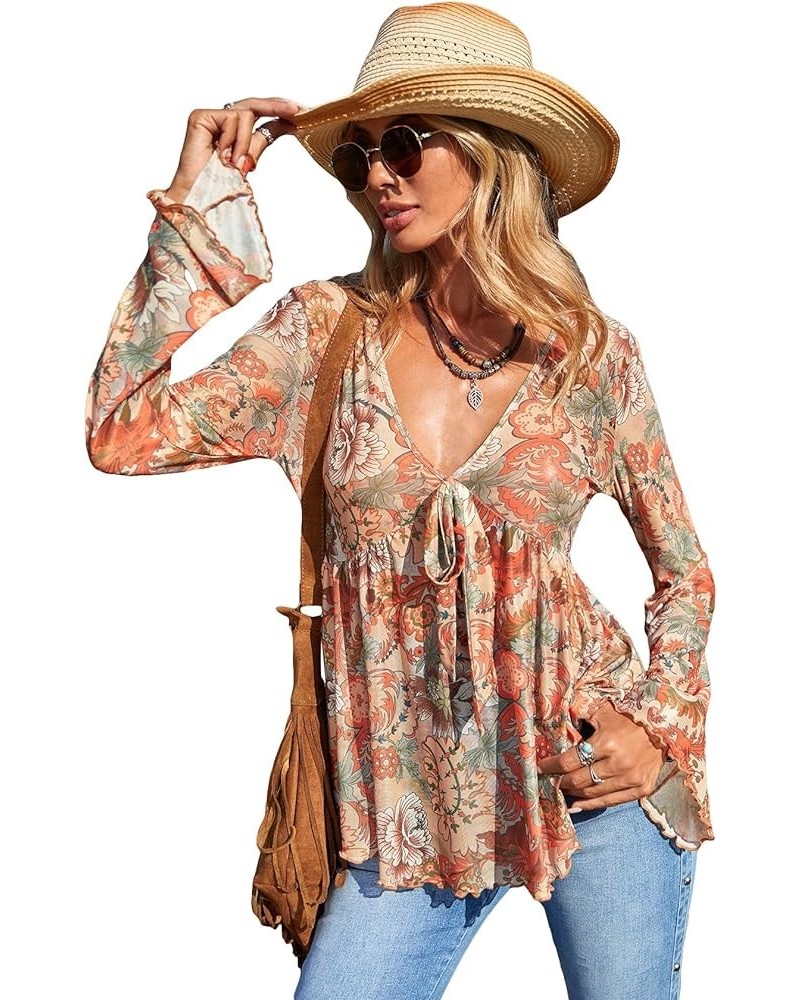 Women's Lettuce Trim Peplum Top V Neck Long Sleeve Ruffle Hem Blouse Top Multicolor $15.11 Blouses