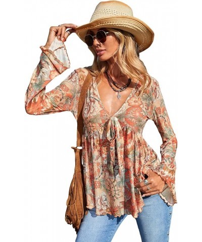 Women's Lettuce Trim Peplum Top V Neck Long Sleeve Ruffle Hem Blouse Top Multicolor $15.11 Blouses