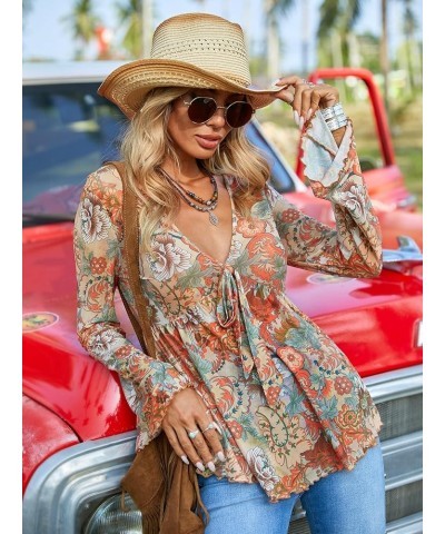 Women's Lettuce Trim Peplum Top V Neck Long Sleeve Ruffle Hem Blouse Top Multicolor $15.11 Blouses