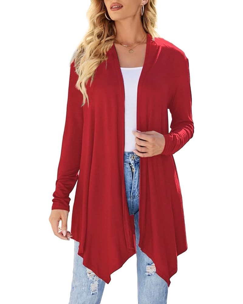 Women's Draped Front Open Cardigan Casual Long Sleeve Lightweight Cardigan Sweaters Duster Red $15.46 Sweaters