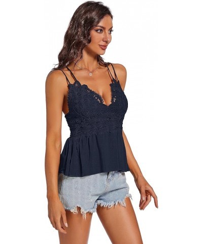 Women Summer V-Neck Lace Cami Peplum Top Spaghetti Strap Sleeveless Lace Tank Top Navy $15.38 Tanks