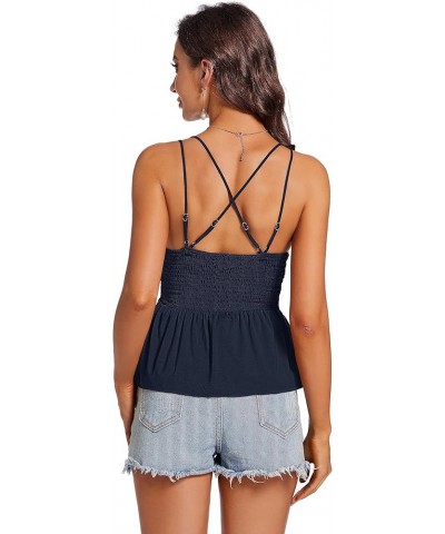 Women Summer V-Neck Lace Cami Peplum Top Spaghetti Strap Sleeveless Lace Tank Top Navy $15.38 Tanks