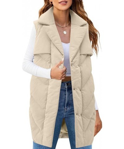 Womens Long Quilted Puffer Vest Sleeveless Warm Down Jackets Coats with Pockets Light Khaki $22.50 Vests