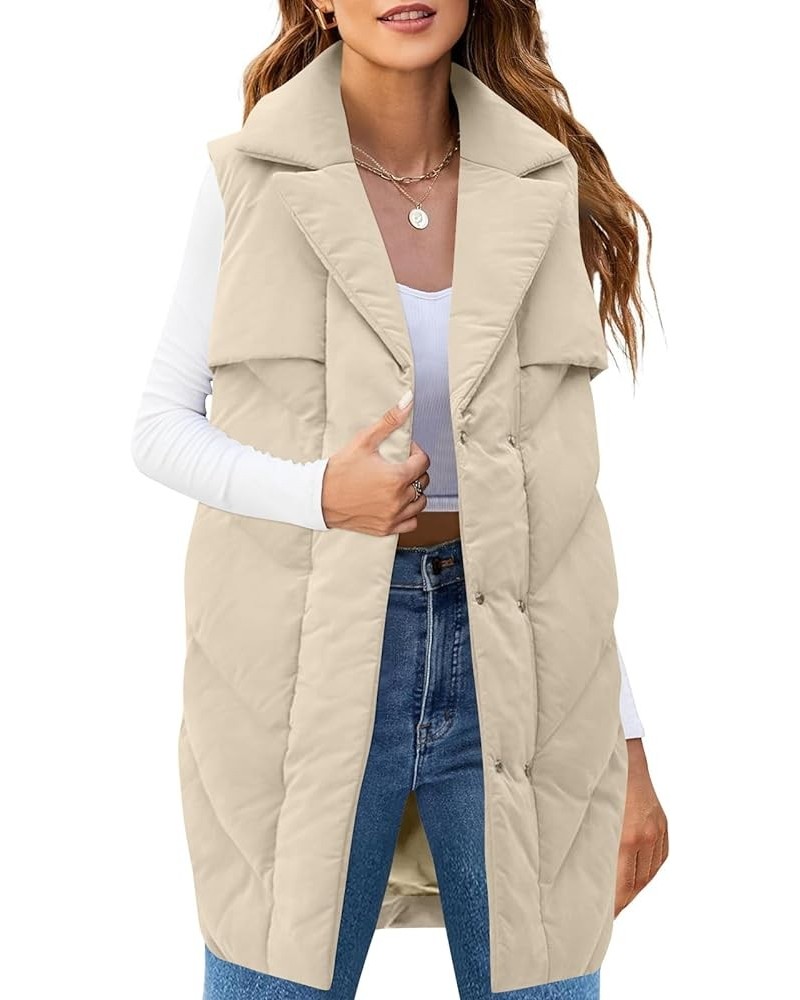 Womens Long Quilted Puffer Vest Sleeveless Warm Down Jackets Coats with Pockets Light Khaki $22.50 Vests