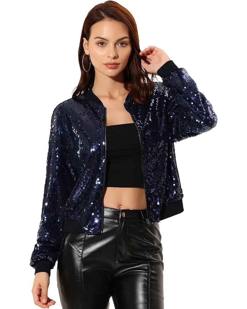 Women's Sequin Jacket Valentine's Day Long Sleeve Zipper Fahion 2023 Shiny Glitter Sparkly Bomber Jackets Navy $24.74 Jackets