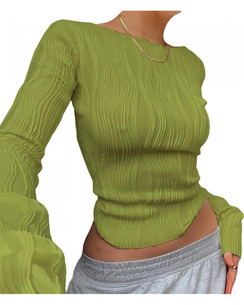 Women Long Sleeve Basic Slim Fitted Crop Tops Crewneck Pullovers Tee Ribbed Knit T-Shirts A-green $8.84 T-Shirts