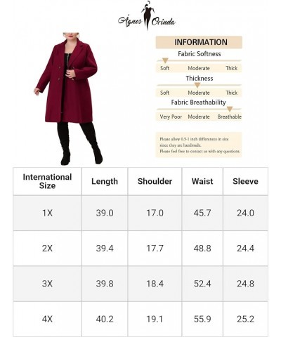 Plus Size Long Coats for Women Notched Lapel Winter Warm Double Breasted Coat Burgundy $44.30 Coats