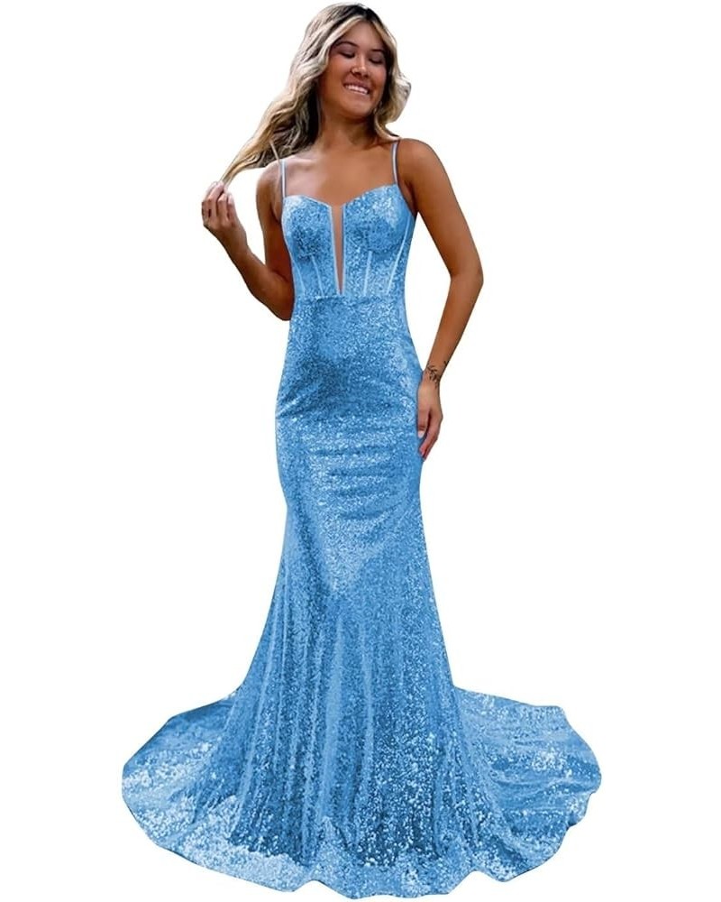 Sparkly Sequin Mermaid Prom Dress Spaghetti Straps Formal Evening Dresses Long Blue $33.60 Dresses