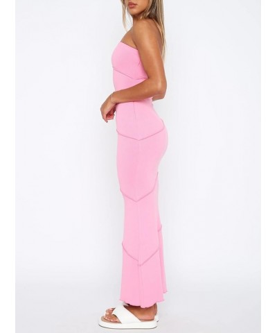 Women Y2k Off Shoulder Bodycon Dress Slim Fitted Long Tube Dresses Backless Stretchy Midi Dress Summer Beach Wear B-pink $13....