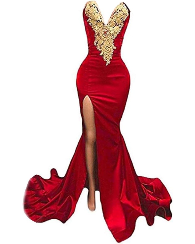 Women's Black Long Sleeves Prom Dress Gold Appliques Mermaid Evening Dress Black 2 Red2 $31.35 Dresses