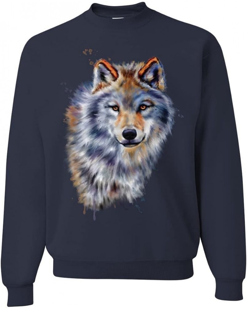 Wolf Oil Painting Animal Lover Unisex Crewneck Graphic Sweatshirt Navy $22.71 Hoodies & Sweatshirts