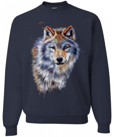 Wolf Oil Painting Animal Lover Unisex Crewneck Graphic Sweatshirt Navy $22.71 Hoodies & Sweatshirts