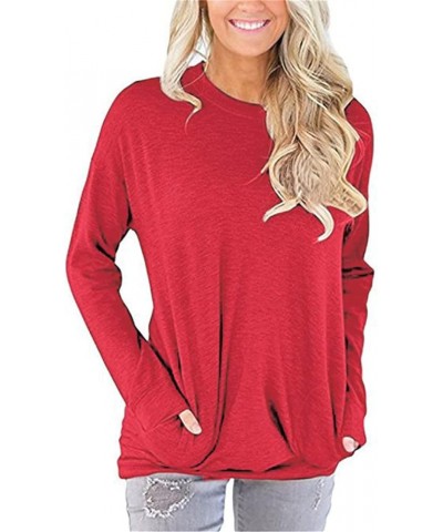 Long Sleeves Shirts for Women Crewneck Pullover Tops Cotton Casual Tunic Loose T Shirt Sweatshirt Tees With Pockets A-red $8....