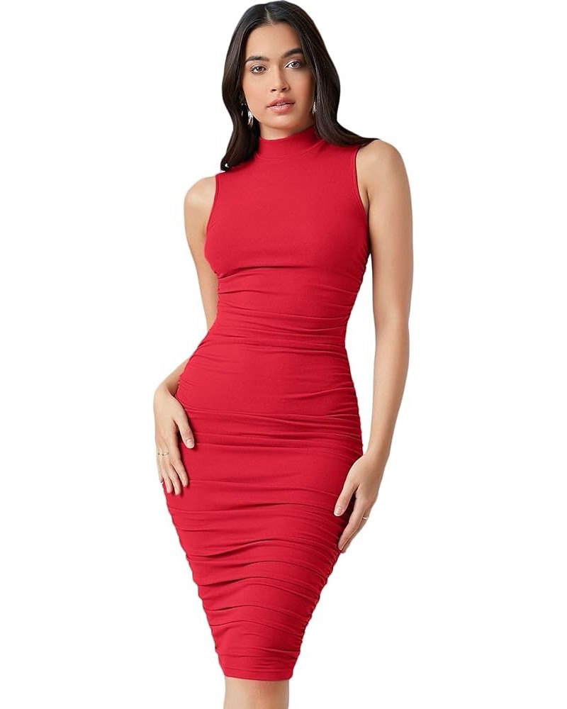 Women's Solid Sleeveless Mock Neck Knee Length Ruched Bodycon Dress Red $15.58 Dresses