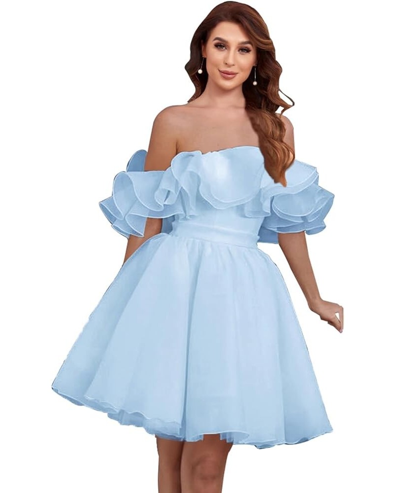 Women's Off Shoulder Short Homecoming Dress Ruffle Tulle Bridesmaid Prom Gown with Pockets YG235 Light Blue $38.49 Dresses