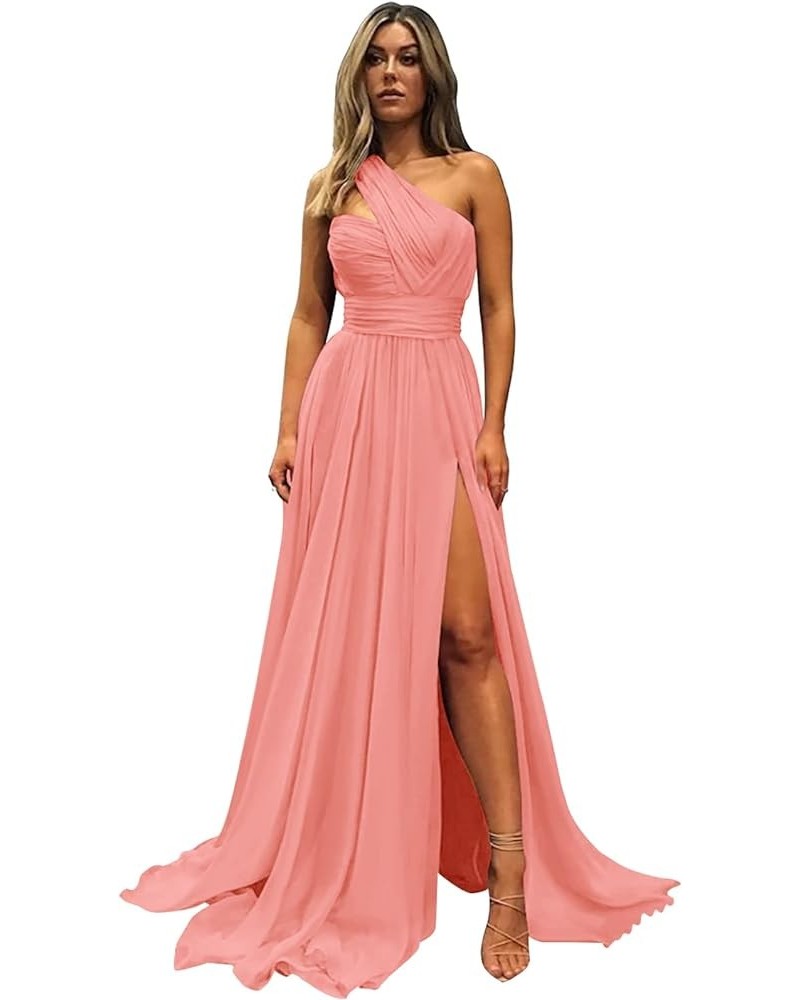 One Shoulder Bridesmaid Dresses for Wedding with Slit Pockets Long Prom Dress Chiffon Formal Evening Gown Coral $34.76 Dresses