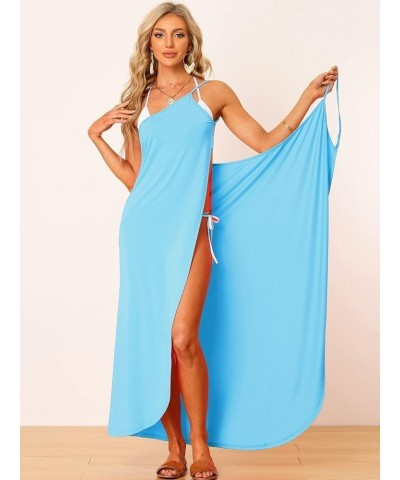 Women's Cover Ups Beach Spaghetti Strap Backless Cotton Wrap Maxi Dress Light Blue $13.86 Swimsuits