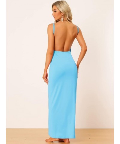 Women's Cover Ups Beach Spaghetti Strap Backless Cotton Wrap Maxi Dress Light Blue $13.86 Swimsuits