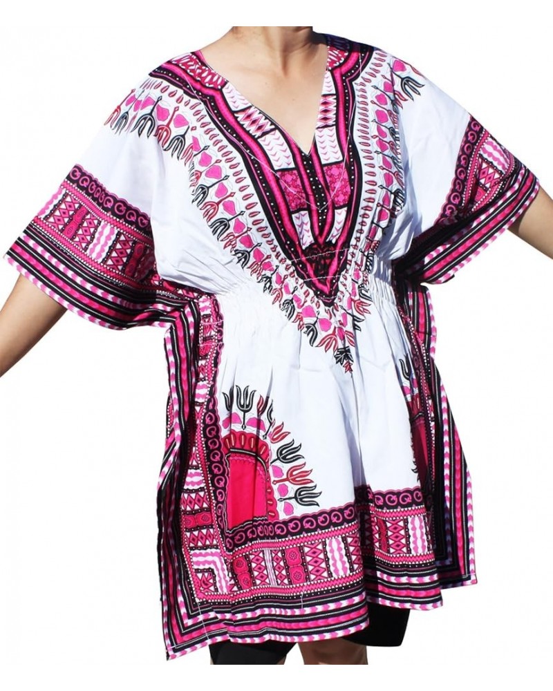 Dashiki Colorful Shirt for Women Short Sleeve Elastic Waist V-Neck Pink White $19.05 Blouses