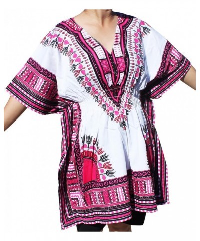 Dashiki Colorful Shirt for Women Short Sleeve Elastic Waist V-Neck Pink White $19.05 Blouses