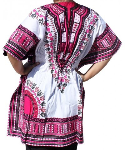 Dashiki Colorful Shirt for Women Short Sleeve Elastic Waist V-Neck Pink White $19.05 Blouses